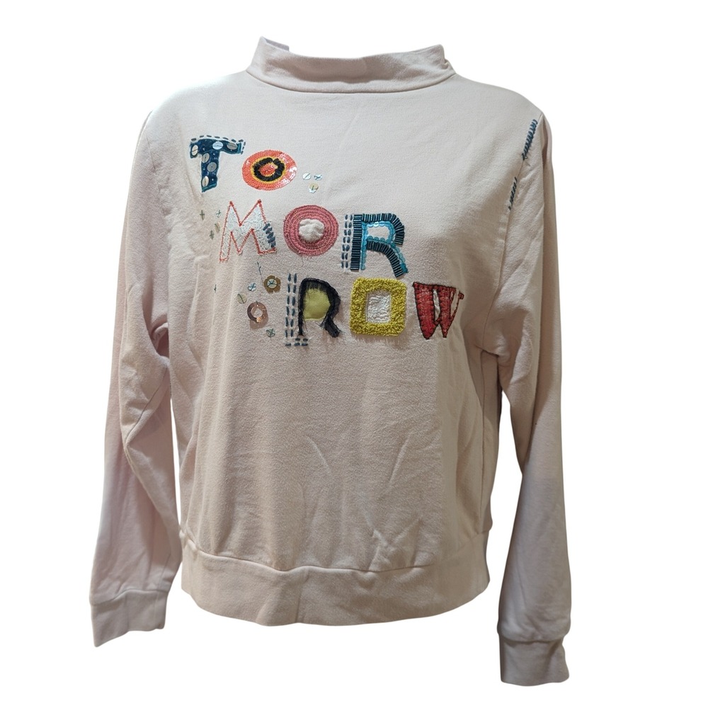 Anthropologie Postmark "Tomorrow" Embroidered Sequin Sweatshirt Pink XS
